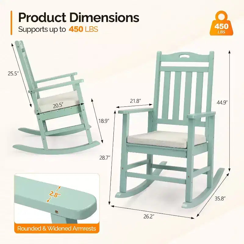VINGLI Outdoor Rocking Chair, Heavy Duty 450 lbs Poplar Wooden Rocking Chair with High Backrest Design, Come with a Cushion