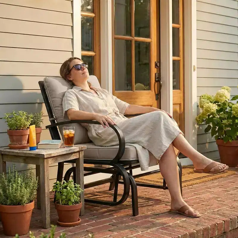 Sedia a dondolo da esterno Outsunny, dondolo da patio con cuscini, struttura in acciaio, braccioli curvi, beige