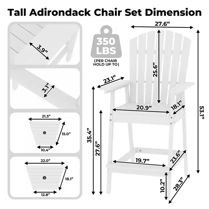 Tall Adirondack Chair Set of 2, Wood Bar Height Adirondack Chairs with Connecting Tray & Umbrella Hole, Double Balcony Chairs for Balcony, Deck