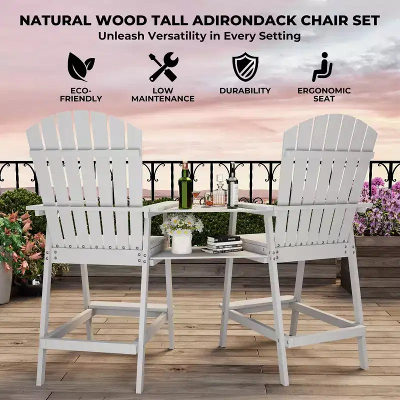 Tall Adirondack Chair Set of 2, Wood Bar Height Adirondack Chairs with Connecting Tray & Umbrella Hole, Double Balcony Chairs for Balcony, Deck