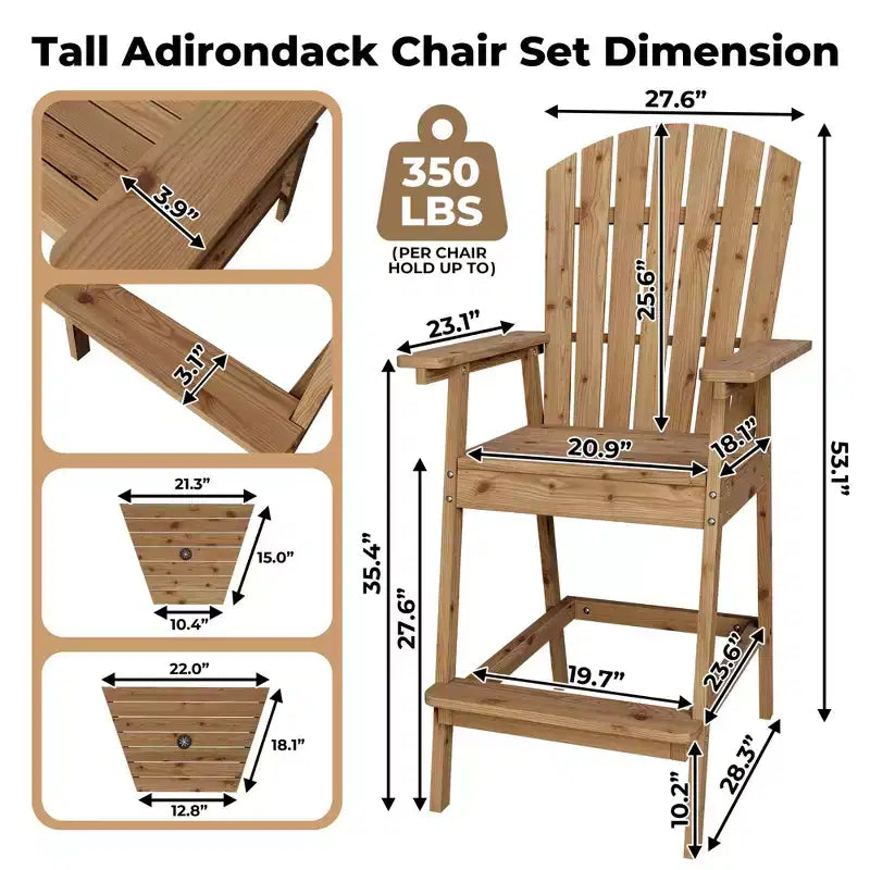 Tall Adirondack Chair Set of 2, Wood Bar Height Adirondack Chairs with Connecting Tray & Umbrella Hole, Double Balcony Chairs for Balcony, Deck