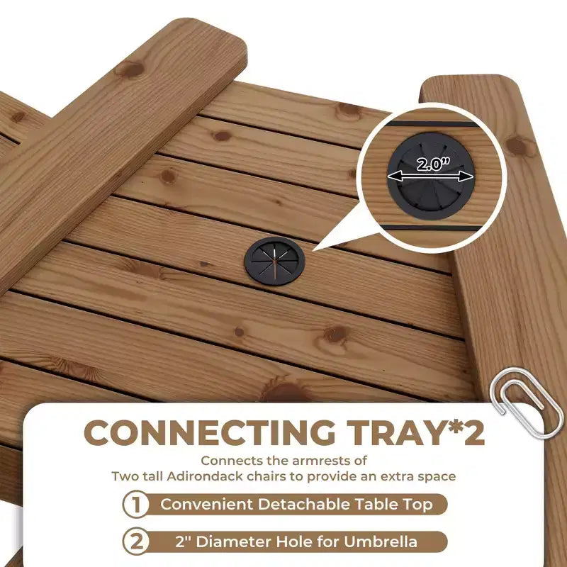 Tall Adirondack Chair Set of 2, Wood Bar Height Adirondack Chairs with Connecting Tray & Umbrella Hole, Double Balcony Chairs for Balcony, Deck