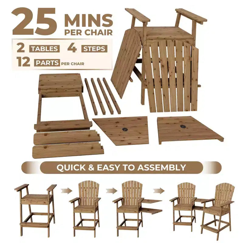 Tall Adirondack Chair Set of 2, Wood Bar Height Adirondack Chairs with Connecting Tray & Umbrella Hole, Double Balcony Chairs for Balcony, Deck