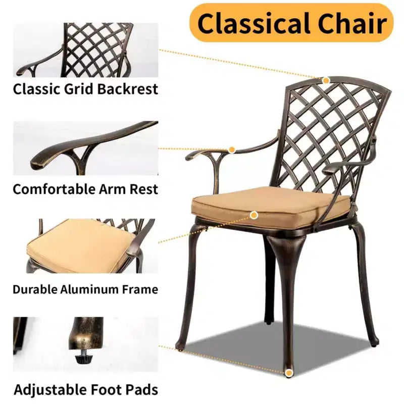 Karl Home | Elegante Sedia da Patio in Fusione di Alluminio Color Bronzo con Cuscini Latte (Set da 2)