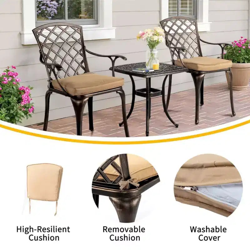 Karl Home | Elegante Sedia da Patio in Fusione di Alluminio Color Bronzo con Cuscini Latte (Set da 2)