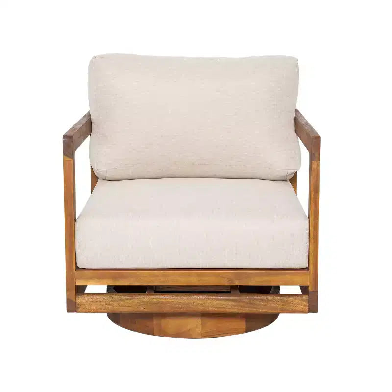 ModernLuxe Sedia lounge girevole a 360° da esterno, struttura in legno di acacia finitura teak con cuscino beige, sedia da patio resistente alle intemperie