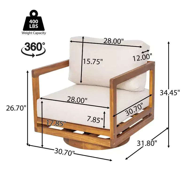 ModernLuxe Sedia lounge girevole a 360° da esterno, struttura in legno di acacia finitura teak con cuscino beige, sedia da patio resistente alle intemperie