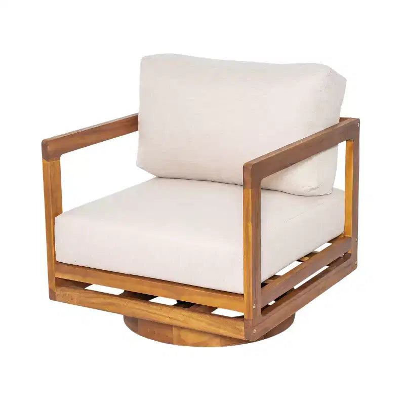 ModernLuxe Sedia lounge girevole a 360° da esterno, struttura in legno di acacia finitura teak con cuscino beige, sedia da patio resistente alle intemperie