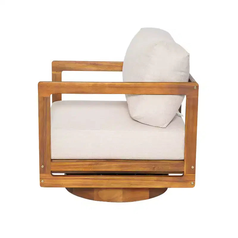ModernLuxe Sedia lounge girevole a 360° da esterno, struttura in legno di acacia finitura teak con cuscino beige, sedia da patio resistente alle intemperie