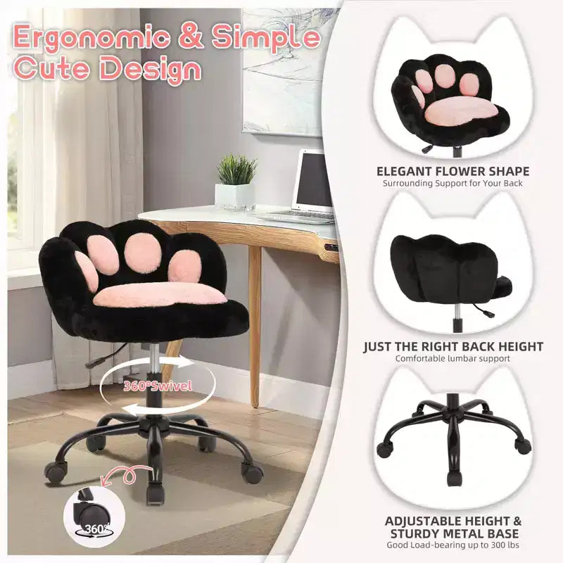Sedia da trucco con schienale a forma di gatto, sedia girevole regolabile in altezza, graziosa sedia da scrivania con rotelle in tessuto Teddy per camera da letto e ufficio
