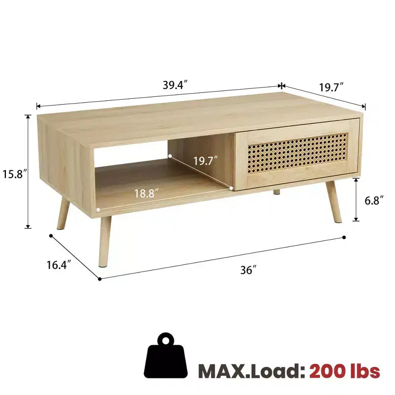 Tavolino da Caffè Moderno con Contenitore, Tavolino Centrale Rettangolare in Rattan con Anta Scorrevole, Tavolino d'Appoggio in Legno per Soggiorno Camera da Letto Ufficio