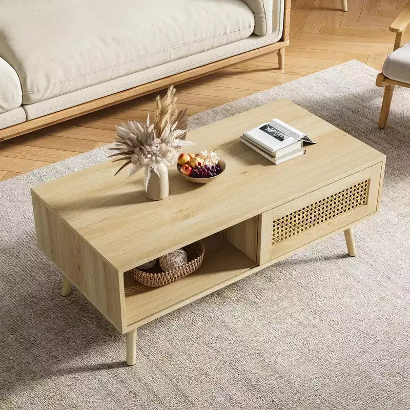 Tavolino da Caffè Moderno con Contenitore, Tavolino Centrale Rettangolare in Rattan con Anta Scorrevole, Tavolino d'Appoggio in Legno per Soggiorno Camera da Letto Ufficio
