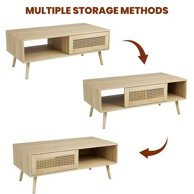 Tavolino da Caffè Moderno con Contenitore, Tavolino Centrale Rettangolare in Rattan con Anta Scorrevole, Tavolino d'Appoggio in Legno per Soggiorno Camera da Letto Ufficio