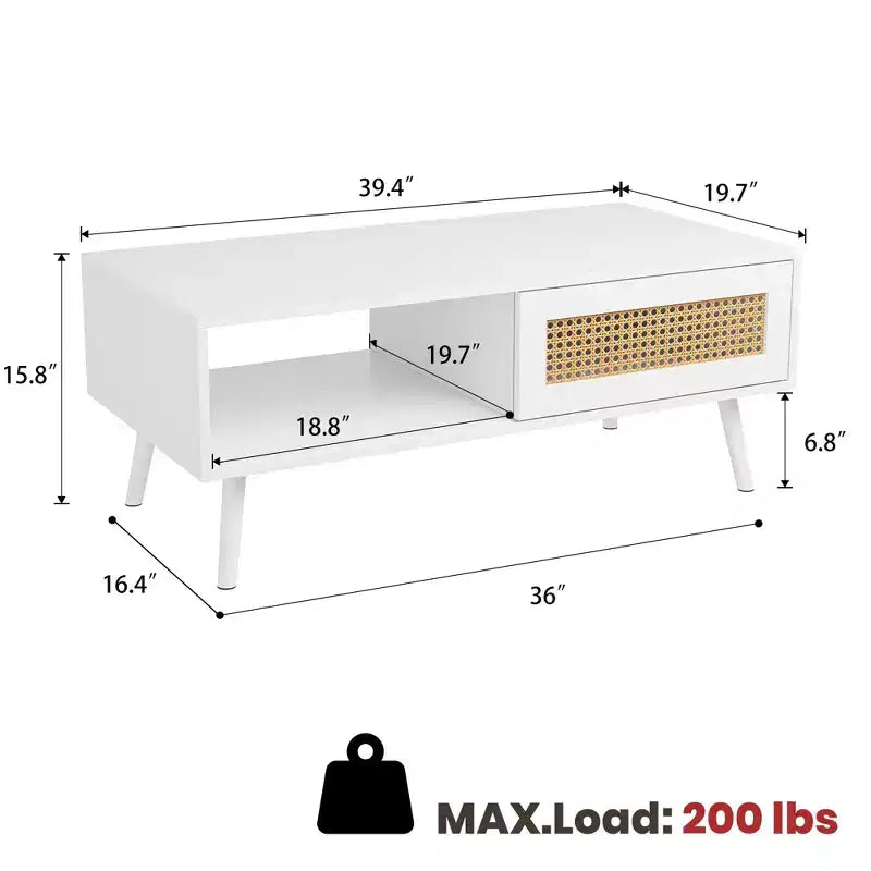 Tavolino da Caffè Moderno con Contenitore, Tavolino Centrale Rettangolare in Rattan con Anta Scorrevole, Tavolino d'Appoggio in Legno per Soggiorno Camera da Letto Ufficio