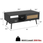 Tavolino da Caffè Moderno con Contenitore, Tavolino Centrale Rettangolare in Rattan con Anta Scorrevole, Tavolino d'Appoggio in Legno per Soggiorno Camera da Letto Ufficio