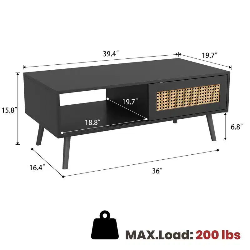 Tavolino da Caffè Moderno con Contenitore, Tavolino Centrale Rettangolare in Rattan con Anta Scorrevole, Tavolino d'Appoggio in Legno per Soggiorno Camera da Letto Ufficio