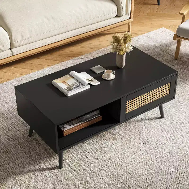 Tavolino da Caffè Moderno con Contenitore, Tavolino Centrale Rettangolare in Rattan con Anta Scorrevole, Tavolino d'Appoggio in Legno per Soggiorno Camera da Letto Ufficio
