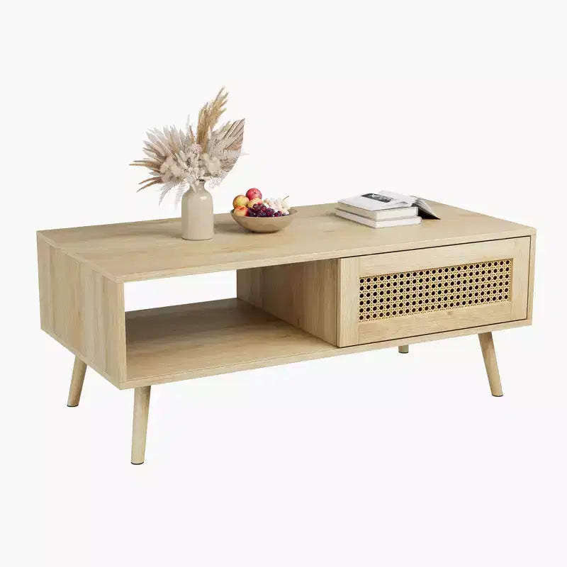 Tavolino da Caffè Moderno con Contenitore, Tavolino Centrale Rettangolare in Rattan con Anta Scorrevole, Tavolino d'Appoggio in Legno per Soggiorno Camera da Letto Ufficio