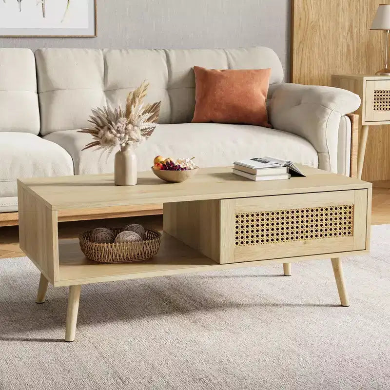 Tavolino da Caffè Moderno con Contenitore, Tavolino Centrale Rettangolare in Rattan con Anta Scorrevole, Tavolino d'Appoggio in Legno per Soggiorno Camera da Letto Ufficio