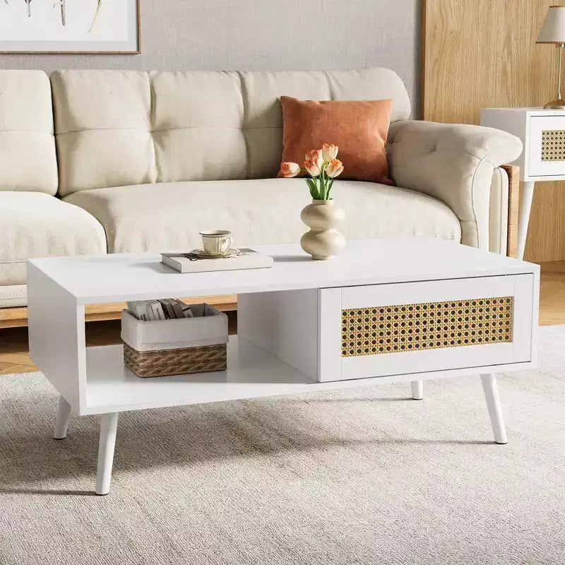 Tavolino da Caffè Moderno con Contenitore, Tavolino Centrale Rettangolare in Rattan con Anta Scorrevole, Tavolino d'Appoggio in Legno per Soggiorno Camera da Letto Ufficio