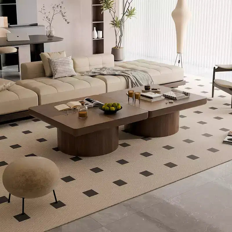 Square Coffee Table for Living Room, Wood Veneer Top with Parquet Pattern, Walnut