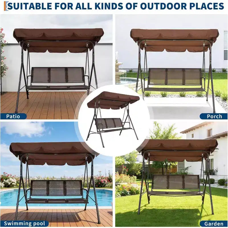 3-Seat Outdoor Swing Chair,Heavy-Duty Frame 500 lbs Capacity, Adjustable UV Protection Canopy,Breathable Seating Cushions for Patio Garden Porch