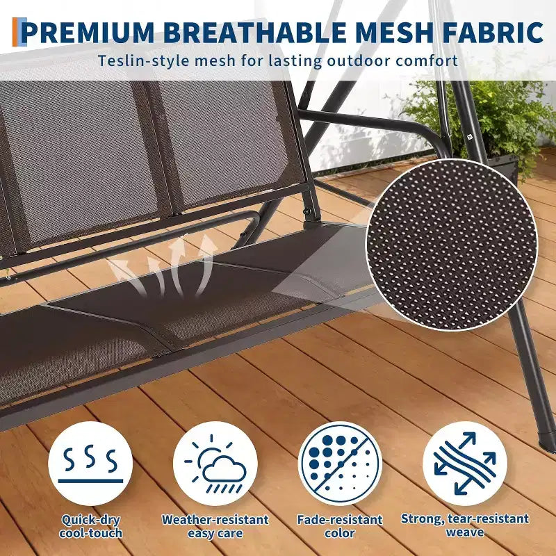 3-Seat Outdoor Swing Chair,Heavy-Duty Frame 500 lbs Capacity, Adjustable UV Protection Canopy,Breathable Seating Cushions for Patio Garden Porch