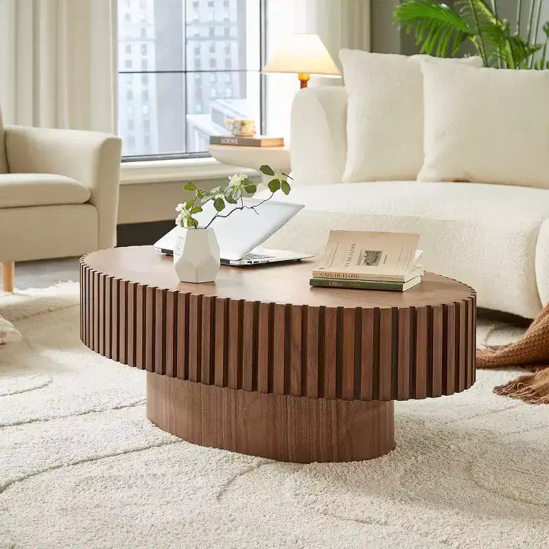 Oval Drum Coffee Table, Modern Pedestal Center Table for Living Room, Walnut