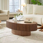 Oval Drum Coffee Table, Modern Pedestal Center Table for Living Room, Walnut