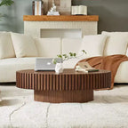 Oval Drum Coffee Table, Modern Pedestal Center Table for Living Room, Walnut