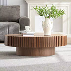 Oval Drum Coffee Table, Modern Pedestal Center Table for Living Room, Walnut