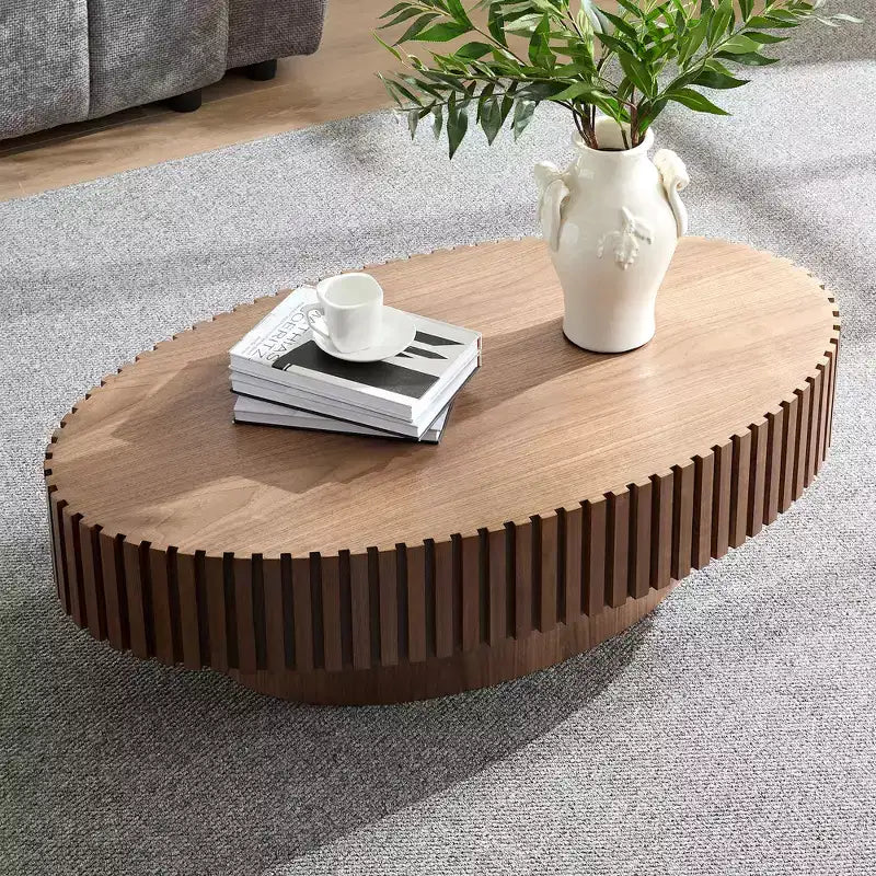 Oval Drum Coffee Table, Modern Pedestal Center Table for Living Room, Walnut
