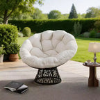 Sedia Papasan Girevole a 360° con Cuscino Extra Spesso, Sedia a Sdraio Rotonda Ergonomica in Rattan con Telaio in Acciaio Resistente per Patio Interno ed Esterno