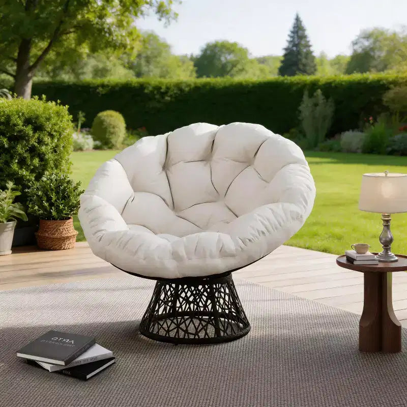 Sedia Papasan Girevole a 360° con Cuscino Extra Spesso, Sedia a Sdraio Rotonda Ergonomica in Rattan con Telaio in Acciaio Resistente per Patio Interno ed Esterno