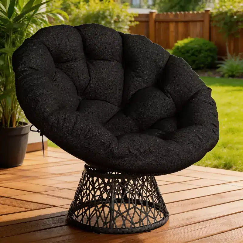 Sedia Papasan Girevole a 360° con Cuscino Extra Spesso, Sedia a Sdraio Rotonda Ergonomica in Rattan con Telaio in Acciaio Resistente per Patio Interno ed Esterno