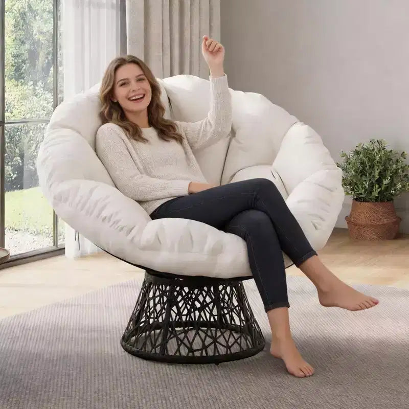 Sedia Papasan Girevole a 360° con Cuscino Extra Spesso, Sedia a Sdraio Rotonda Ergonomica in Rattan con Telaio in Acciaio Resistente per Patio Interno ed Esterno