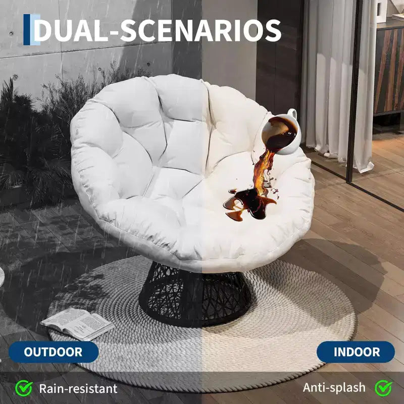 Sedia Papasan Girevole a 360° con Cuscino Extra Spesso, Sedia a Sdraio Rotonda Ergonomica in Rattan con Telaio in Acciaio Resistente per Patio Interno ed Esterno