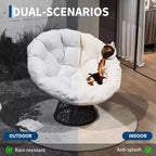 Sedia Papasan Girevole a 360° con Cuscino Extra Spesso, Sedia a Sdraio Rotonda Ergonomica in Rattan con Telaio in Acciaio Resistente per Patio Interno ed Esterno