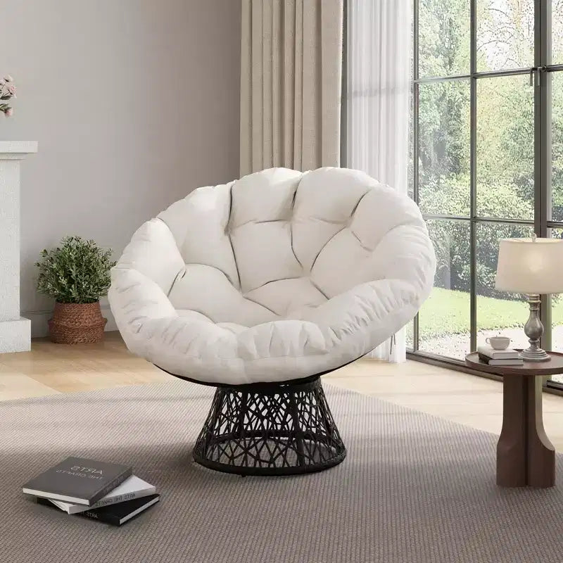 Sedia Papasan Girevole a 360° con Cuscino Extra Spesso, Sedia a Sdraio Rotonda Ergonomica in Rattan con Telaio in Acciaio Resistente per Patio Interno ed Esterno