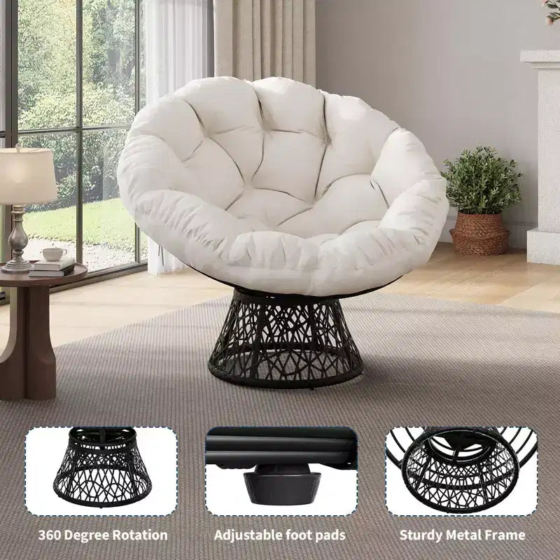 Sedia Papasan Girevole a 360° con Cuscino Extra Spesso, Sedia a Sdraio Rotonda Ergonomica in Rattan con Telaio in Acciaio Resistente per Patio Interno ed Esterno