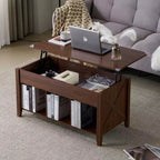 Lift Top Coffee Table with Hidden Compartment & 3 Open Shelves, Rustic Wood