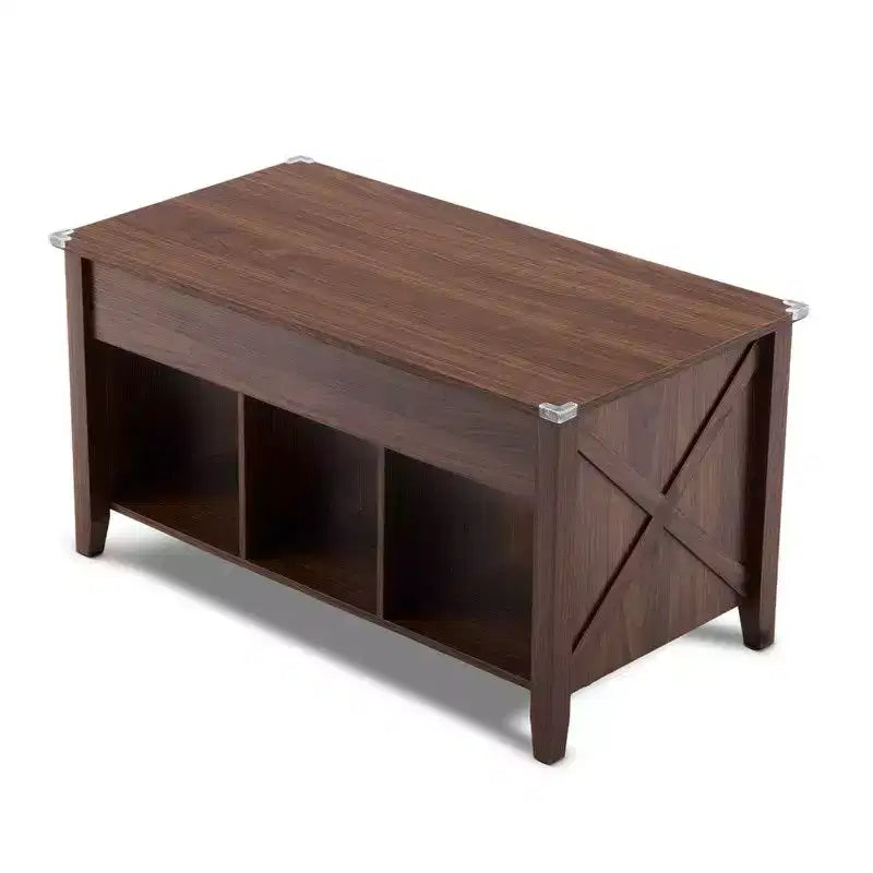 Lift Top Coffee Table with Hidden Compartment & 3 Open Shelves, Rustic Wood