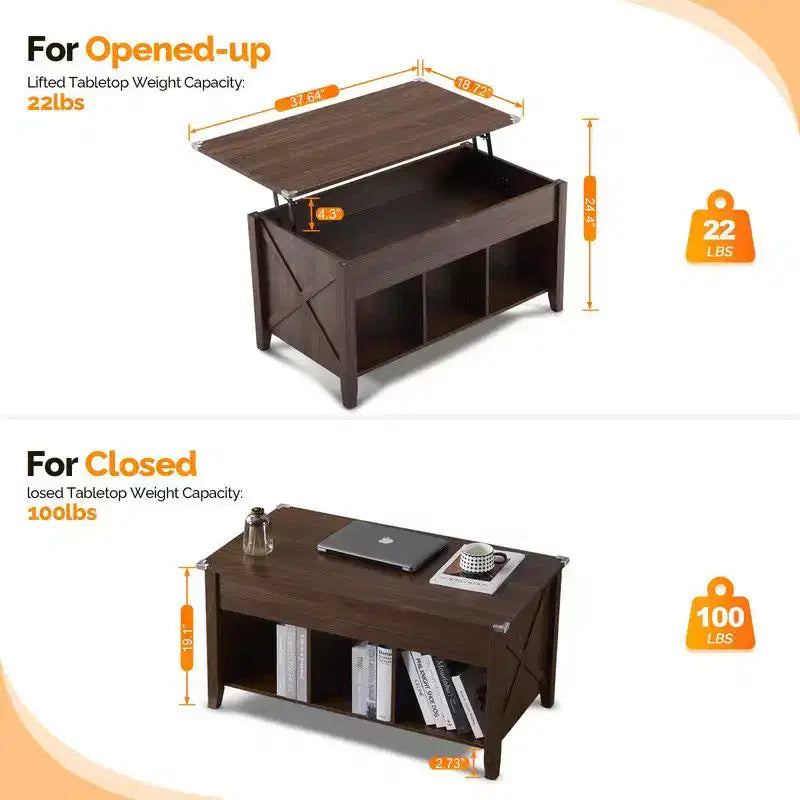 Lift Top Coffee Table with Hidden Compartment & 3 Open Shelves, Rustic Wood