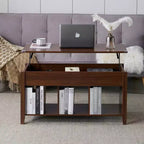 Lift Top Coffee Table with Hidden Compartment & 3 Open Shelves, Rustic Wood