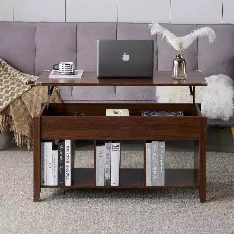 Lift Top Coffee Table with Hidden Compartment & 3 Open Shelves, Rustic Wood