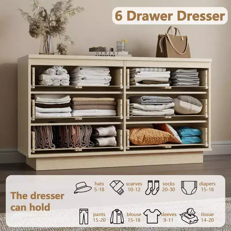 Cassettiera doppia Qwatto a 6 cassetti, comò moderno, organizer per camera da letto con cassetti profondi per soggiorno e armadio, faggio naturale