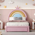 Letto da principessa arcobaleno imbottito a una piazza e mezza con cassetto portaoggetti, letto a piattaforma in velluto, colorato e rosa
