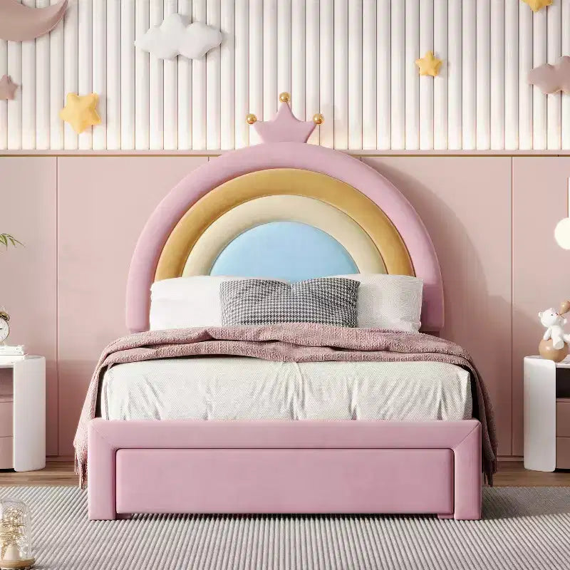 Letto da principessa arcobaleno imbottito a una piazza e mezza con cassetto portaoggetti, letto a piattaforma in velluto, colorato e rosa