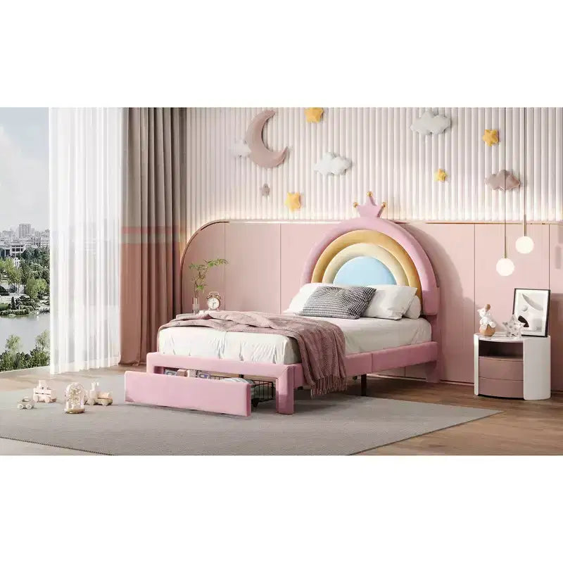 Letto da principessa arcobaleno imbottito a una piazza e mezza con cassetto portaoggetti, letto a piattaforma in velluto, colorato e rosa