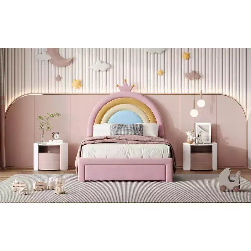 Letto da principessa arcobaleno imbottito a una piazza e mezza con cassetto portaoggetti, letto a piattaforma in velluto, colorato e rosa